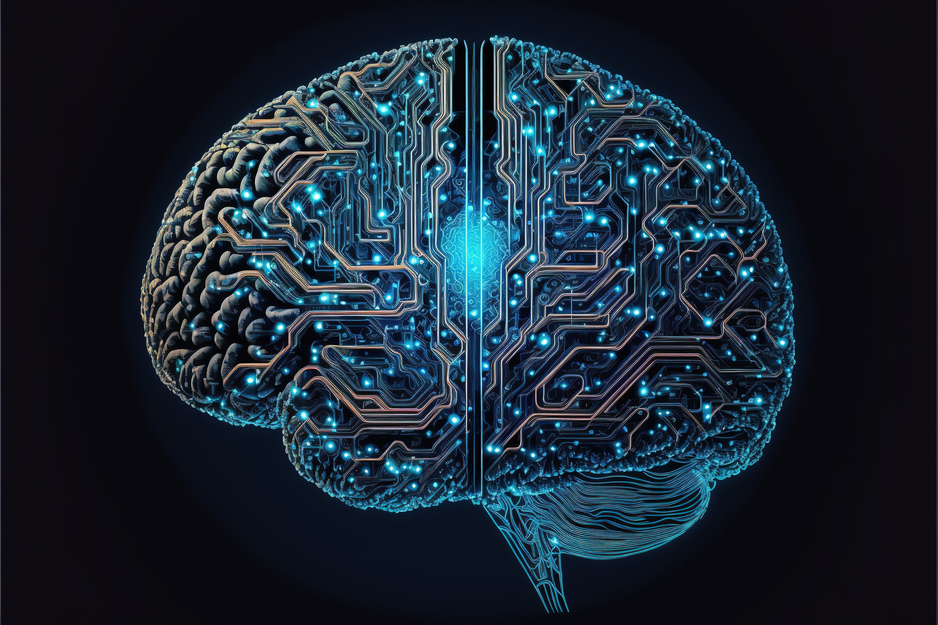 Glowing cybernetic brain representing AI and cyber learning